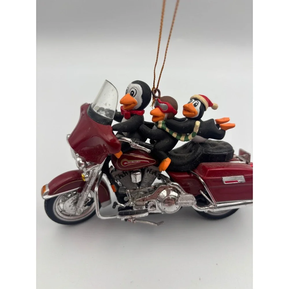 Harley Davidson Penguins on Electra Glide Motorcycle Christmas Ornament Maroon